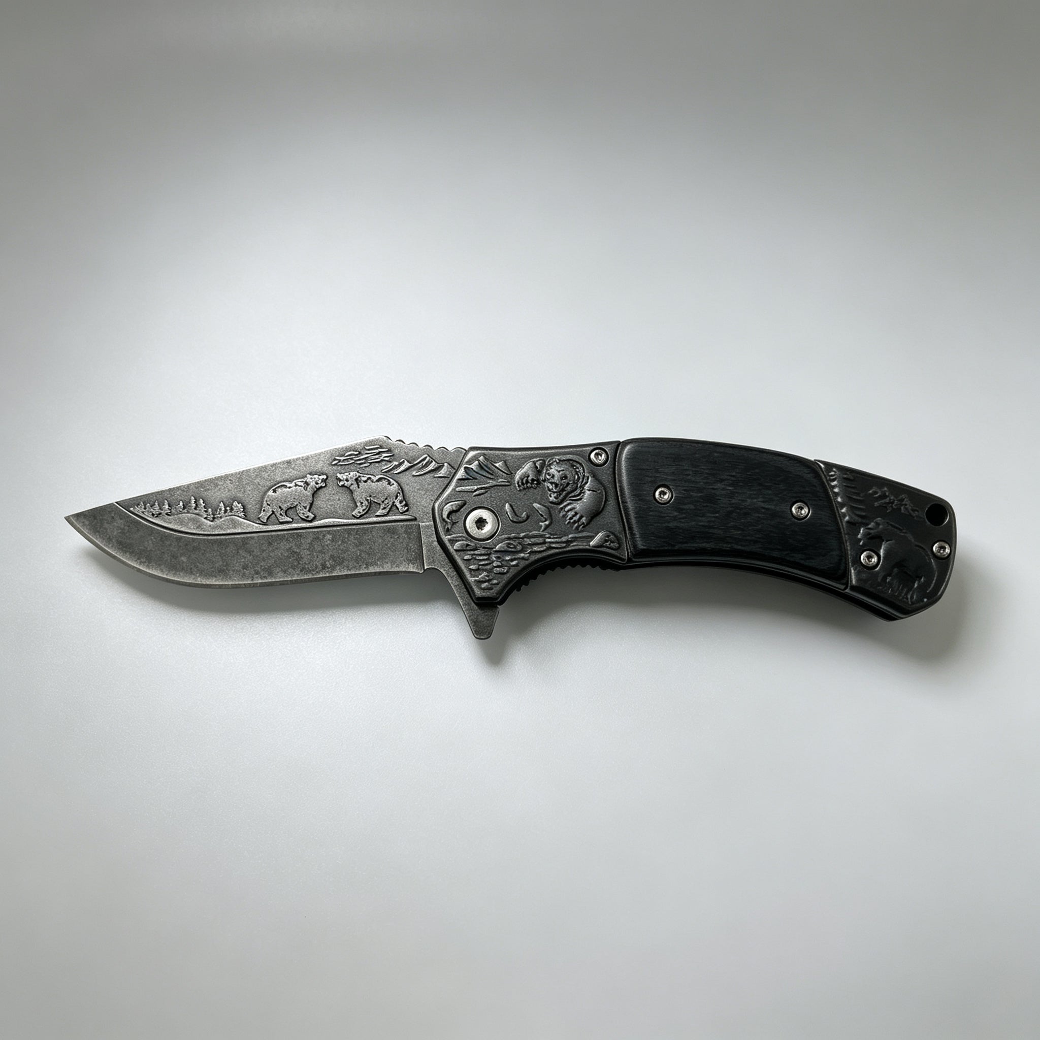 PH03-3 Folding Knife – Bear Etch, Wood Inlay