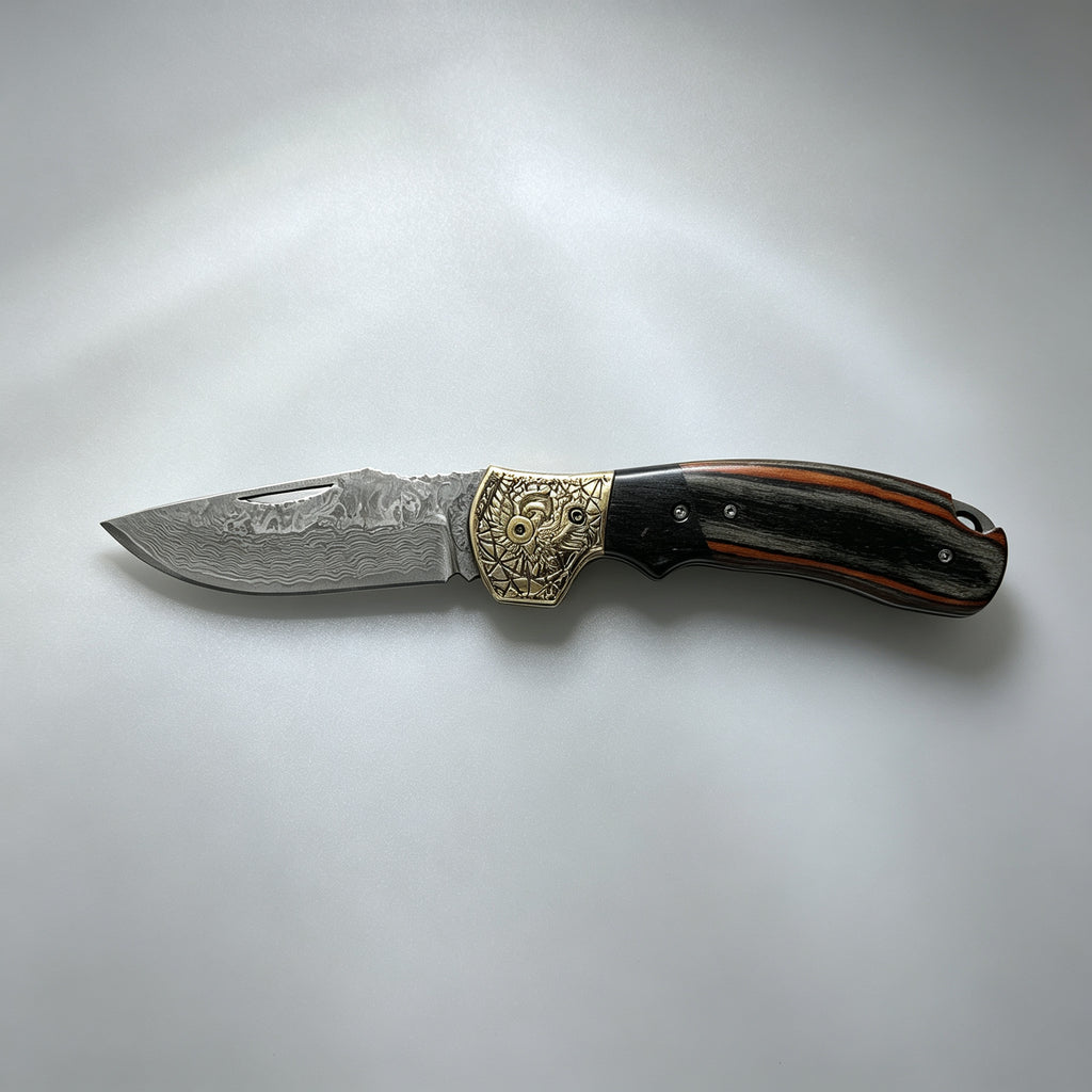 T-01 Folding Knife – Damascus, Wooden Handle