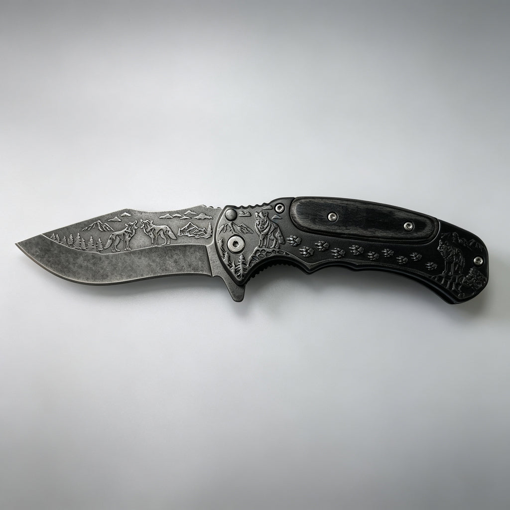 PH03 Folding Knife – Wolf Etch, Wood Inlay