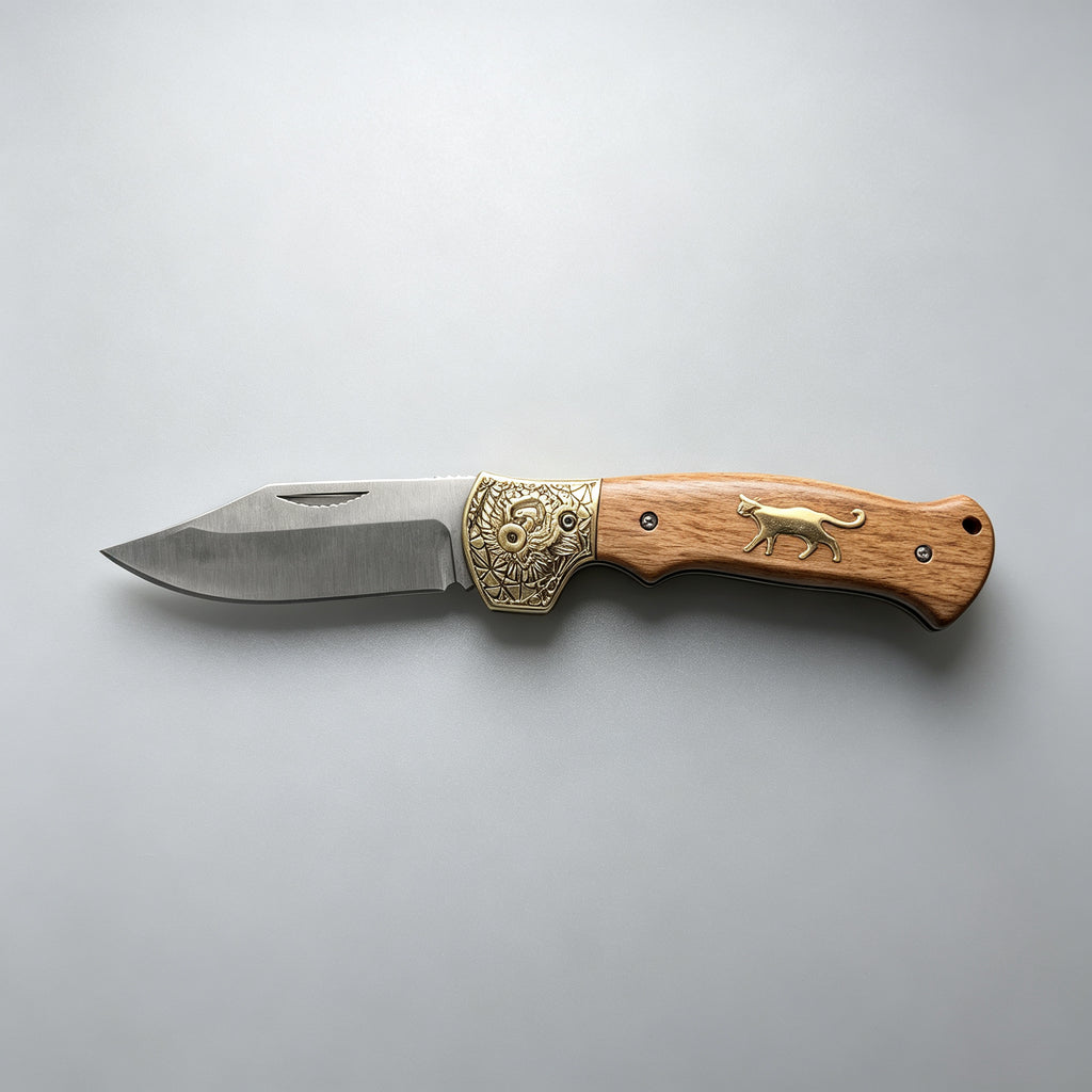 T-05 Folding Knife – Cat Motif, Copper & Wood