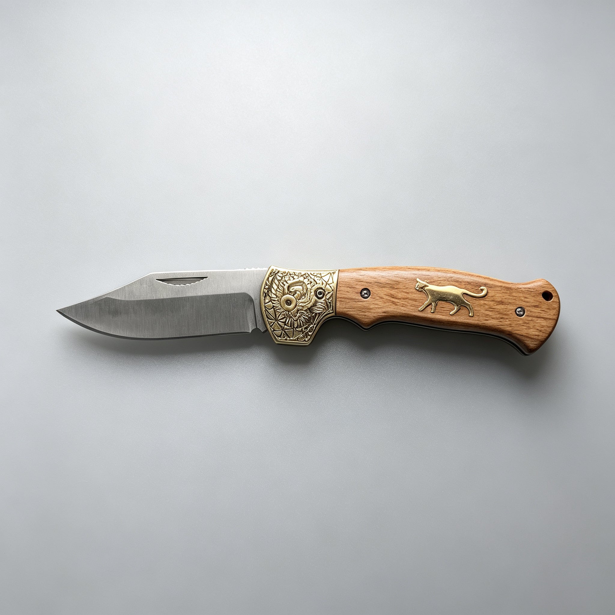 T-05 Folding Knife – Cat Motif, Copper & Wood