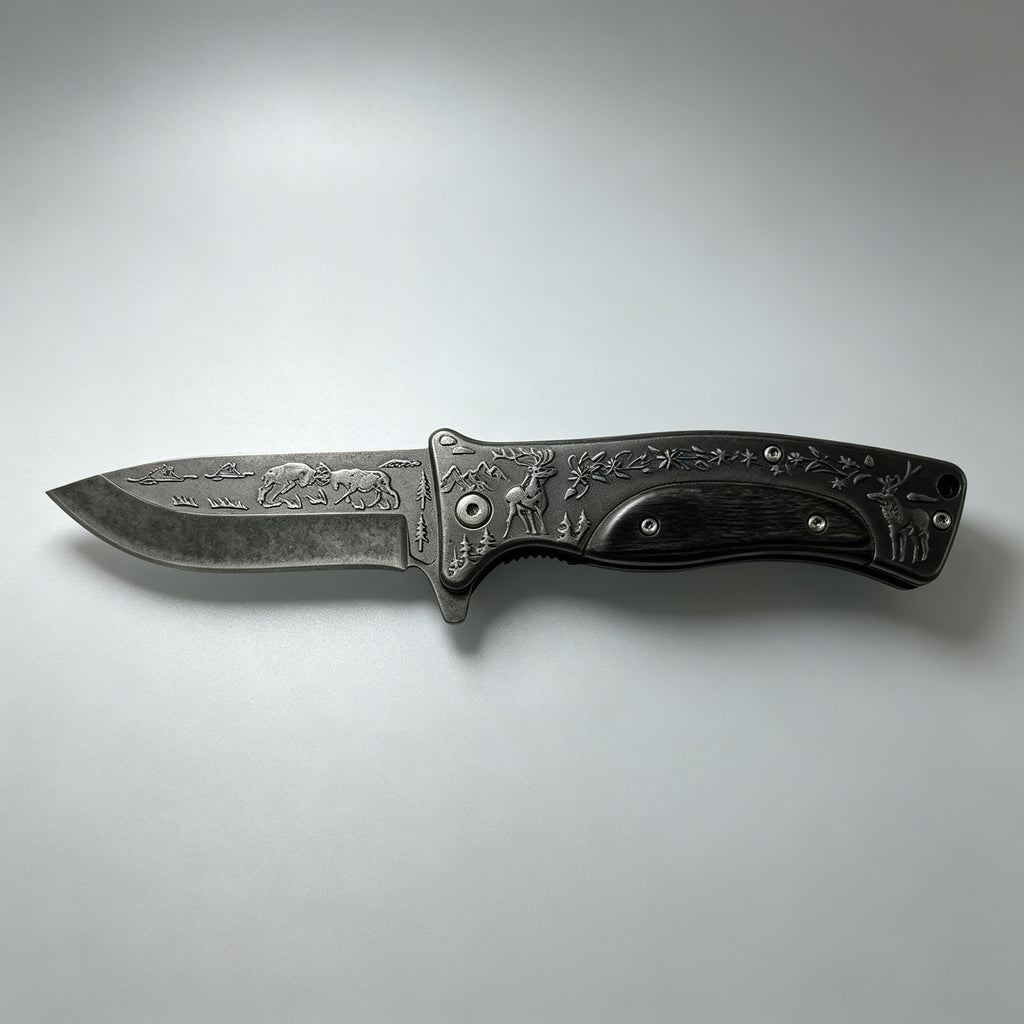 PH03-2 Folding Knife – Deer Etch, Wood Inlay
