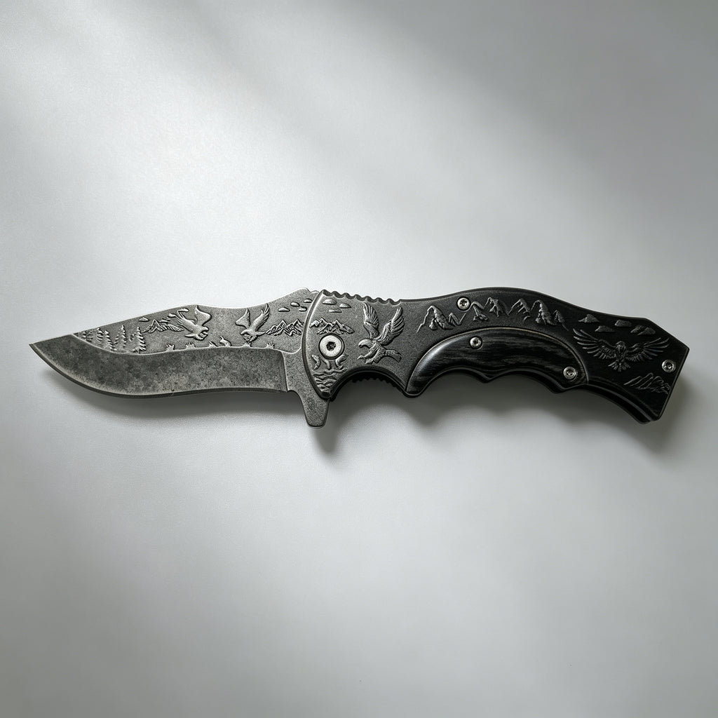 PH03-1 Folding Knife – Eagle Etch, Wood Inlay