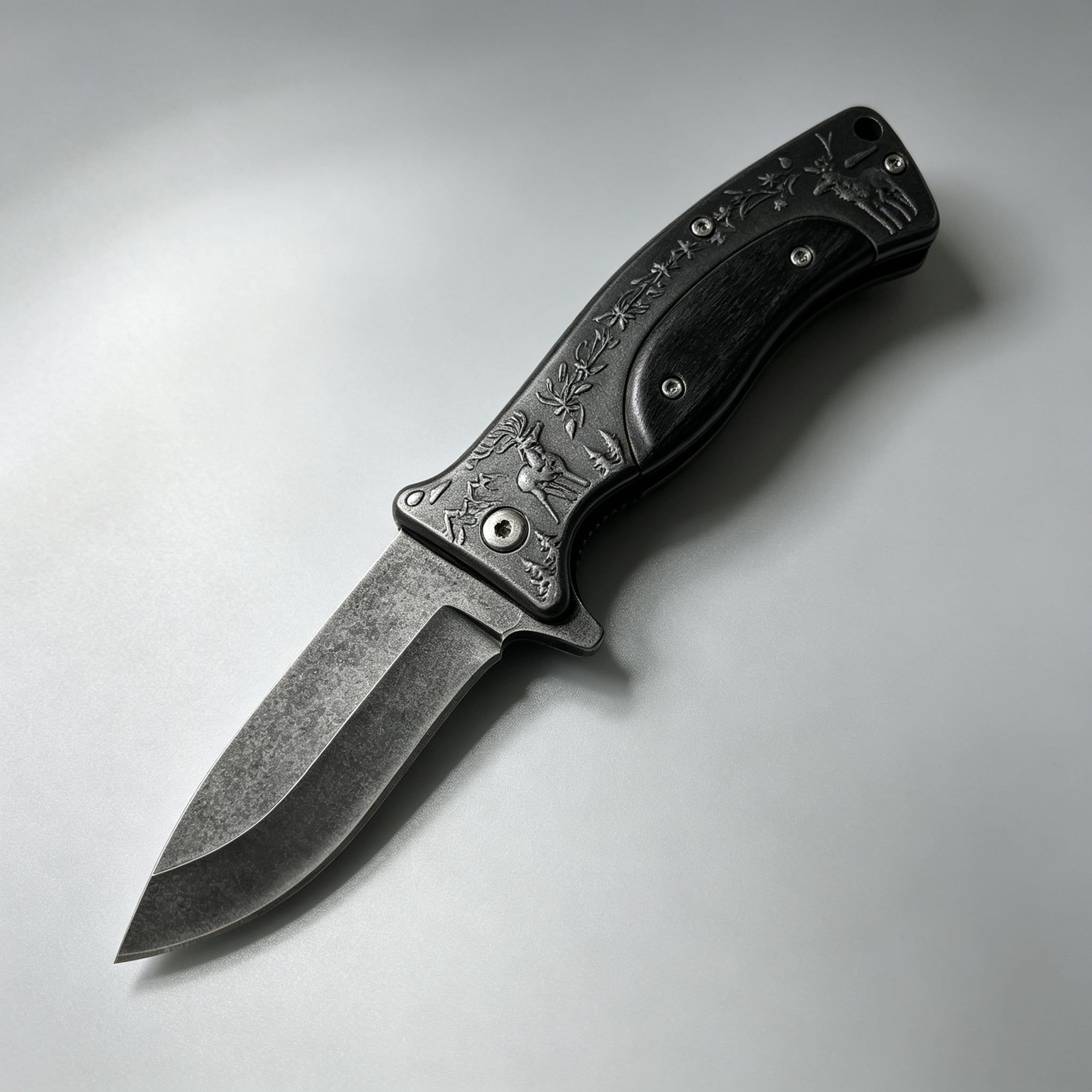 PH03-2 Folding Knife – Deer Etch, Wood Inlay