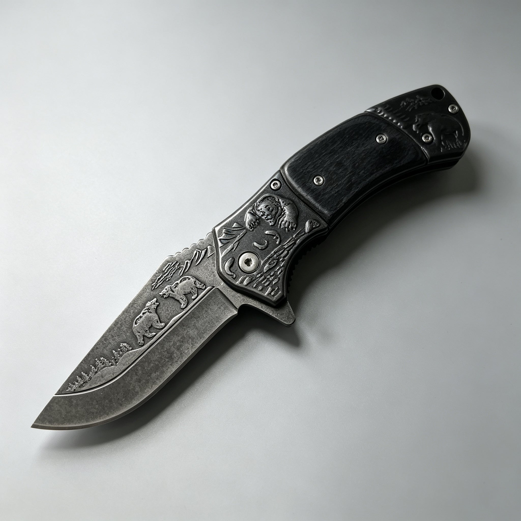 PH03-3 Folding Knife – Bear Etch, Wood Inlay