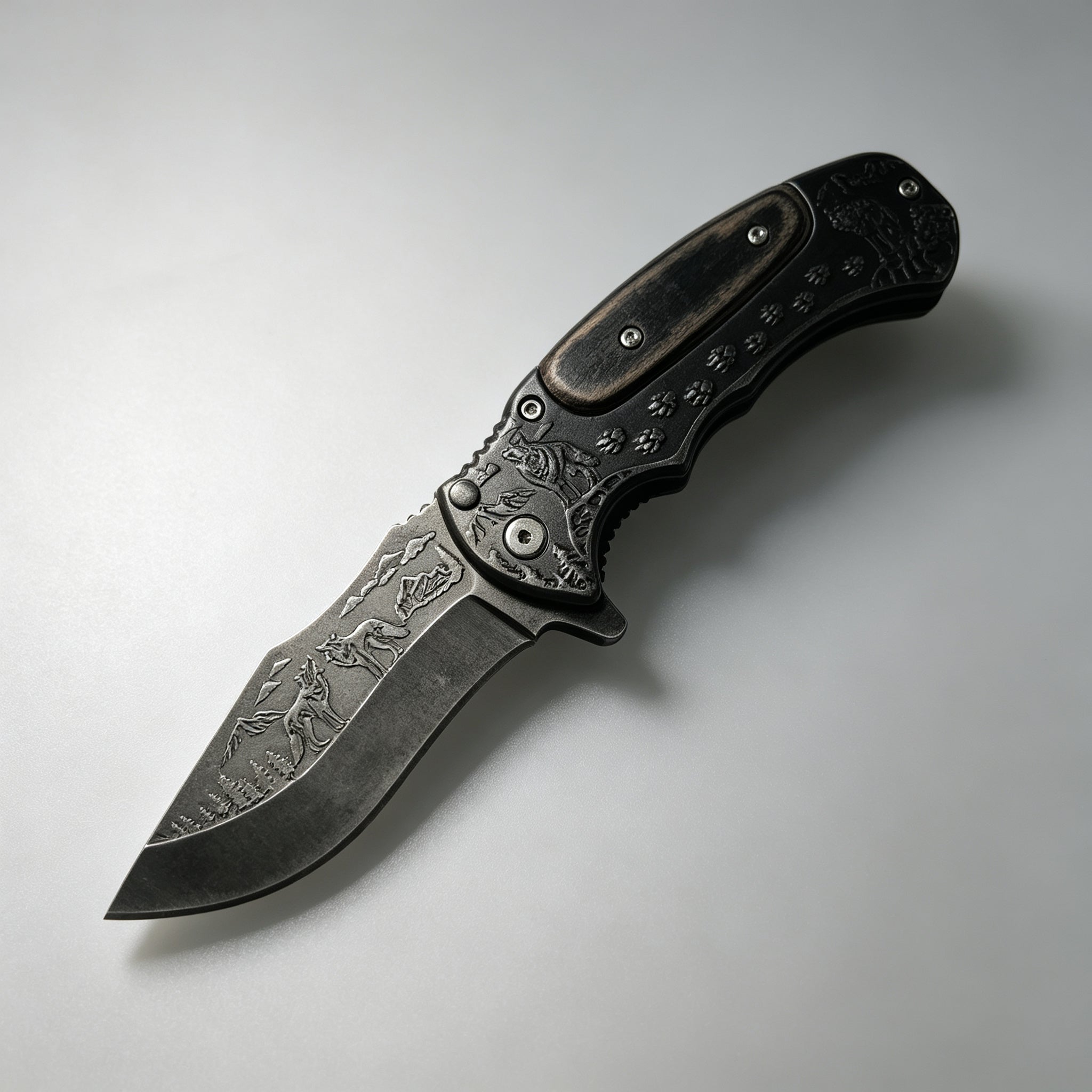 PH03 Folding Knife – Wolf Etch, Wood Inlay