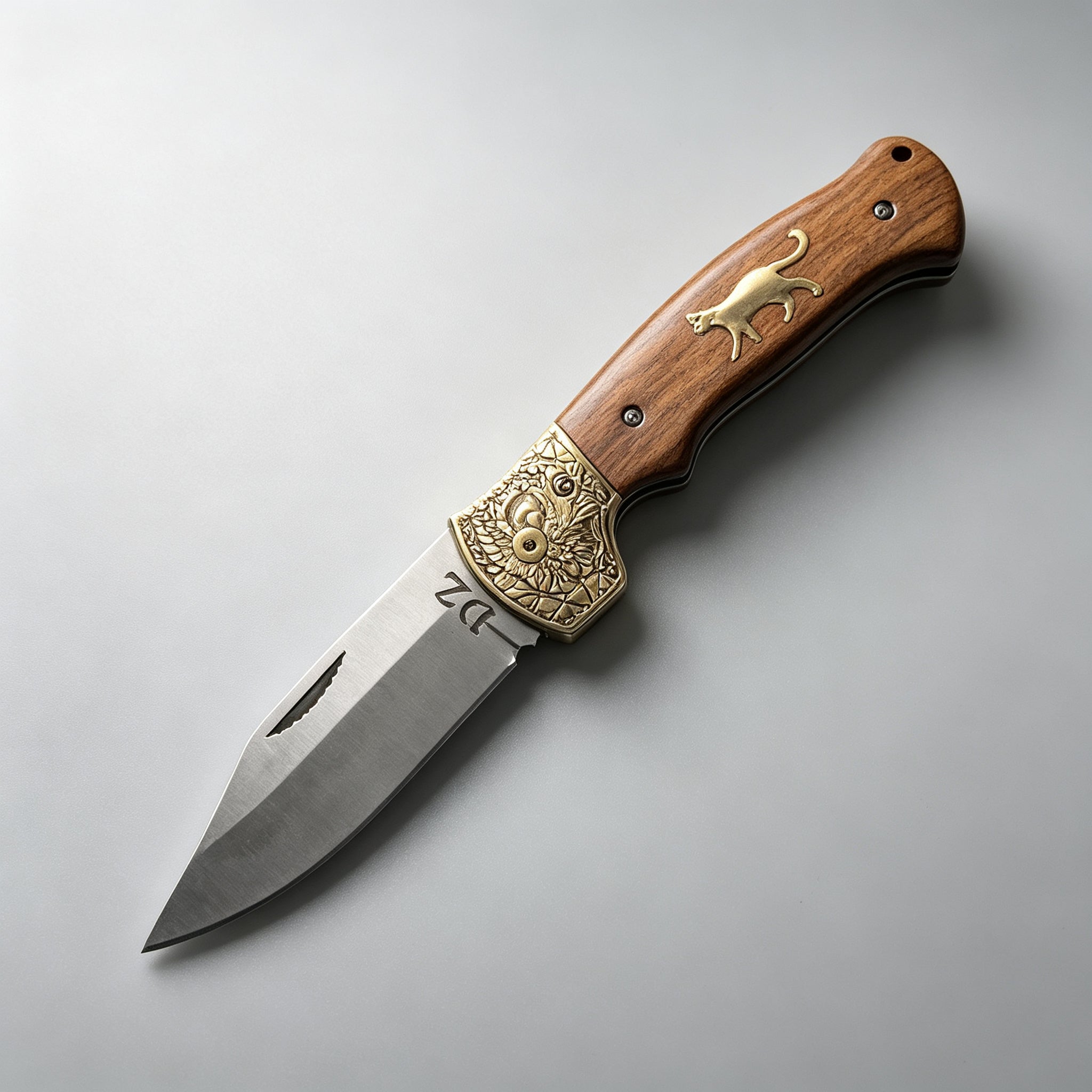 T-05 Folding Knife – Cat Motif, Copper & Wood