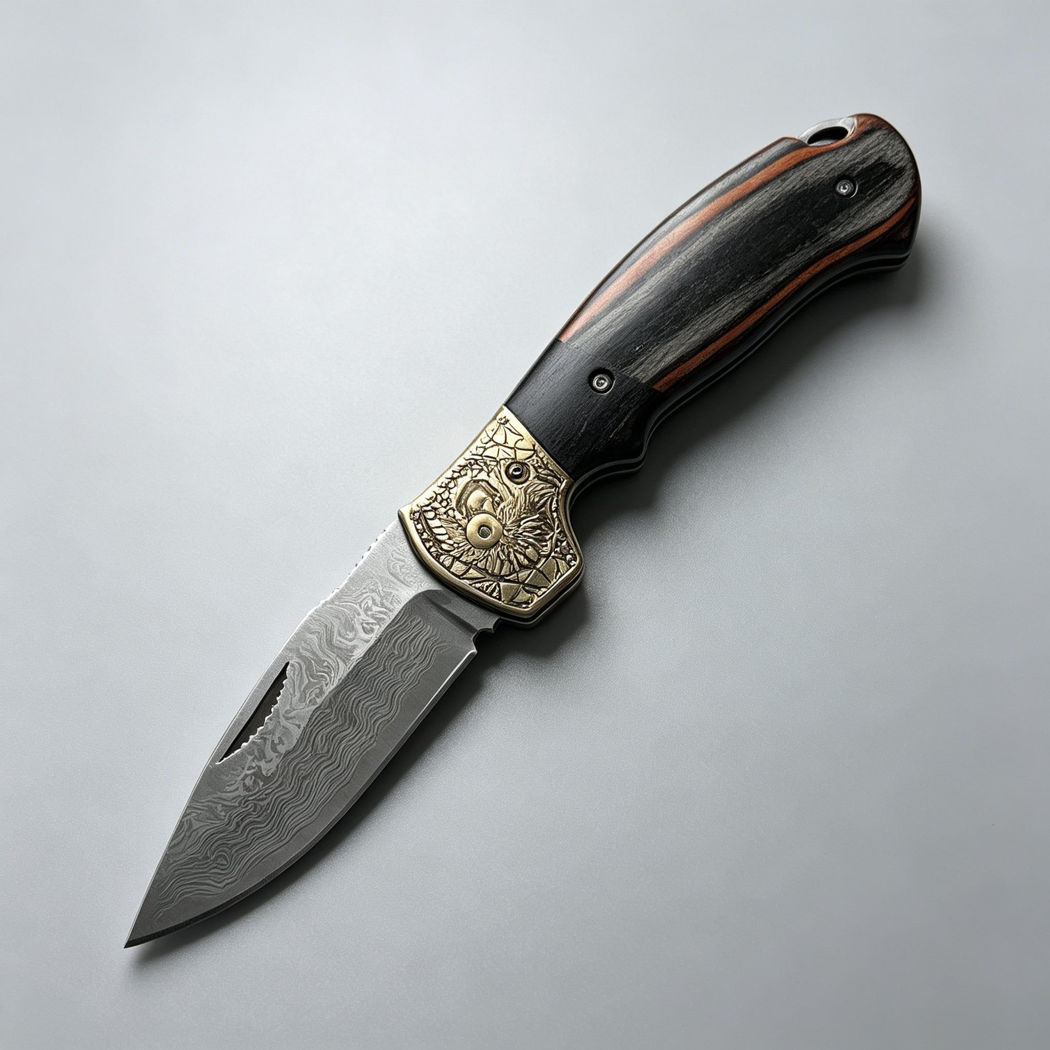 T-01 Folding Knife – Damascus, Wooden Handle