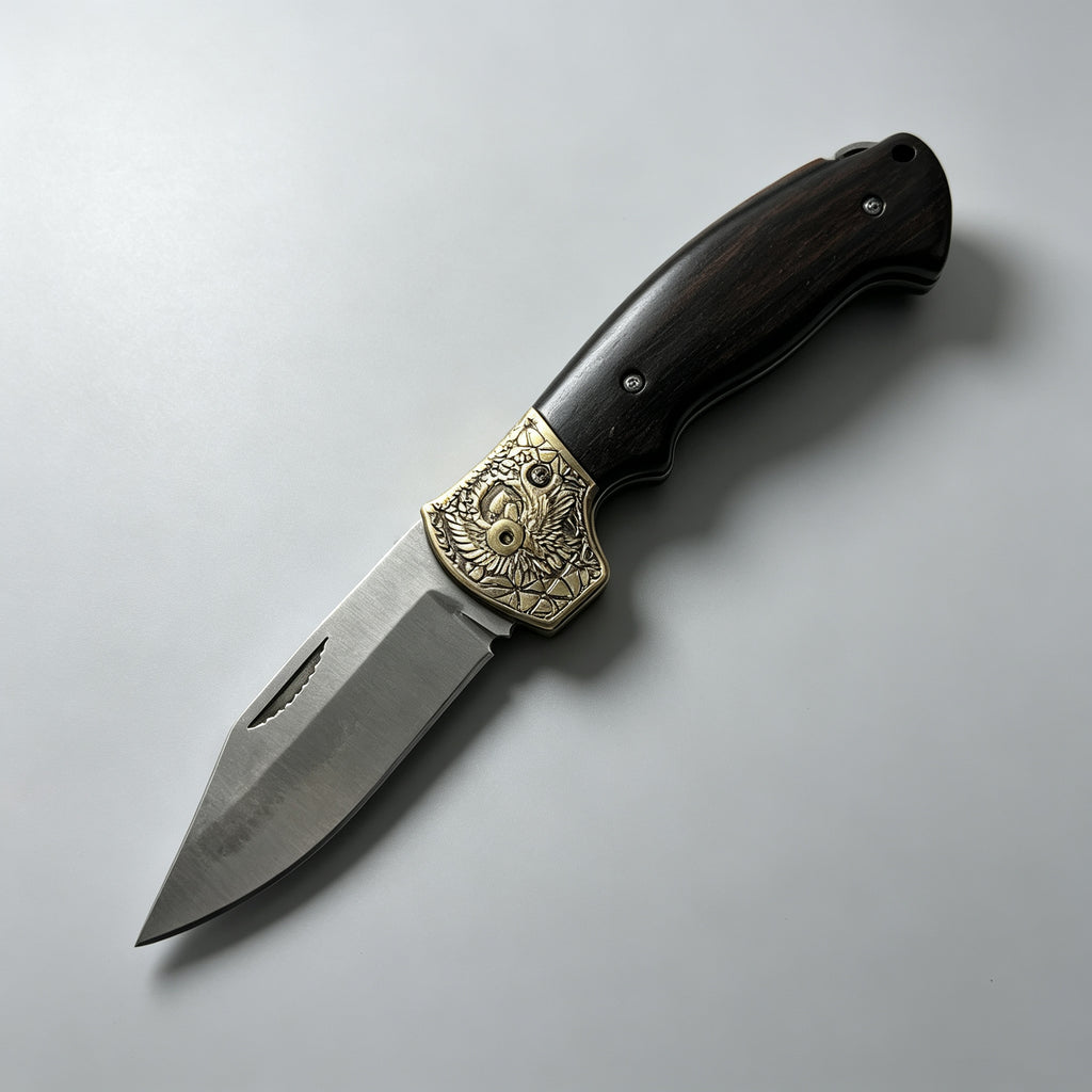 T-03 Folding Knife – D2, Copper & Black Wood