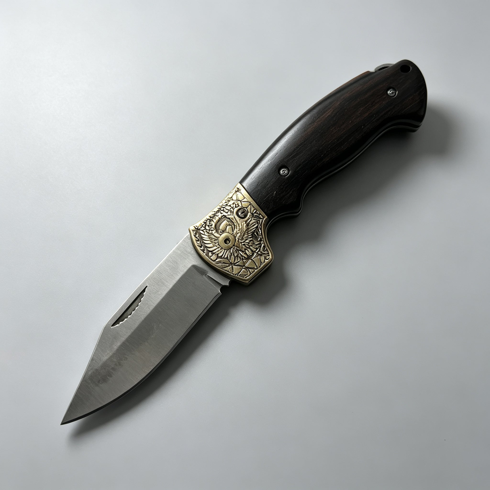 T-03 Folding Knife – D2, Copper & Black Wood