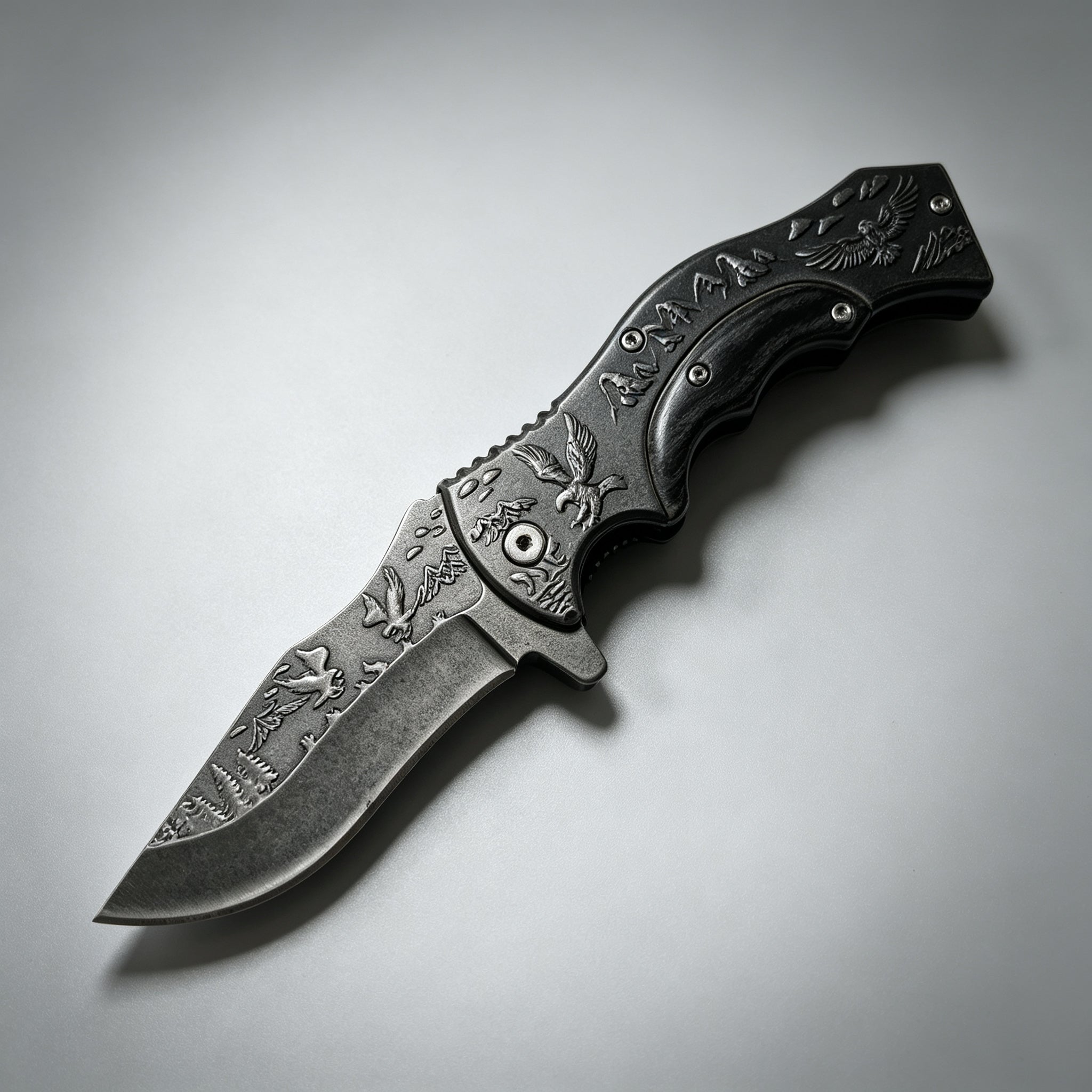 PH03-1 Folding Knife – Eagle Etch, Wood Inlay