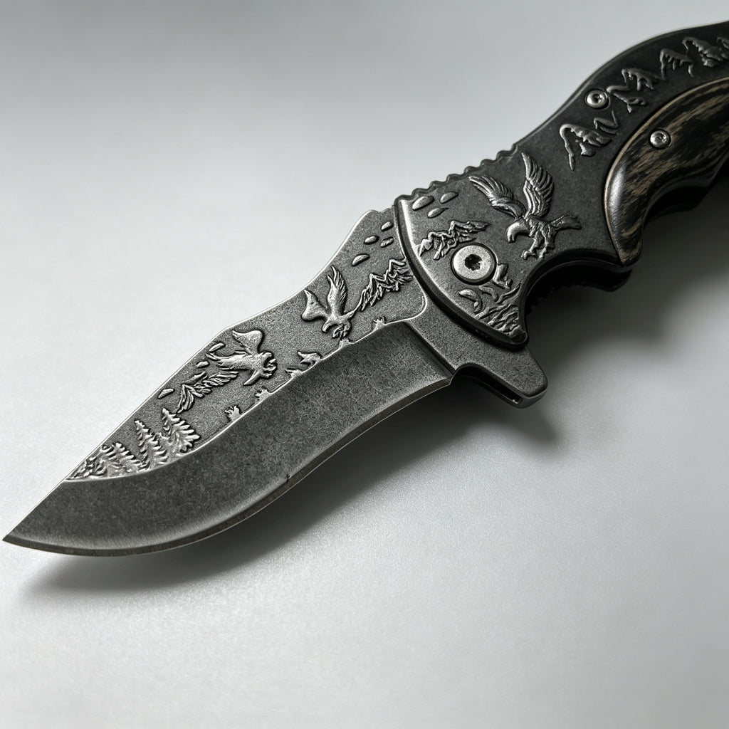 PH03-1 Folding Knife – Eagle Etch, Wood Inlay
