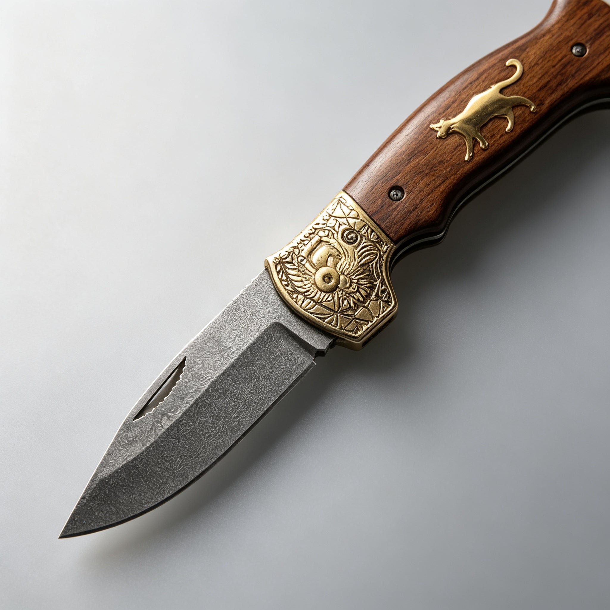 T-05 Folding Knife – Cat Motif, Copper & Wood