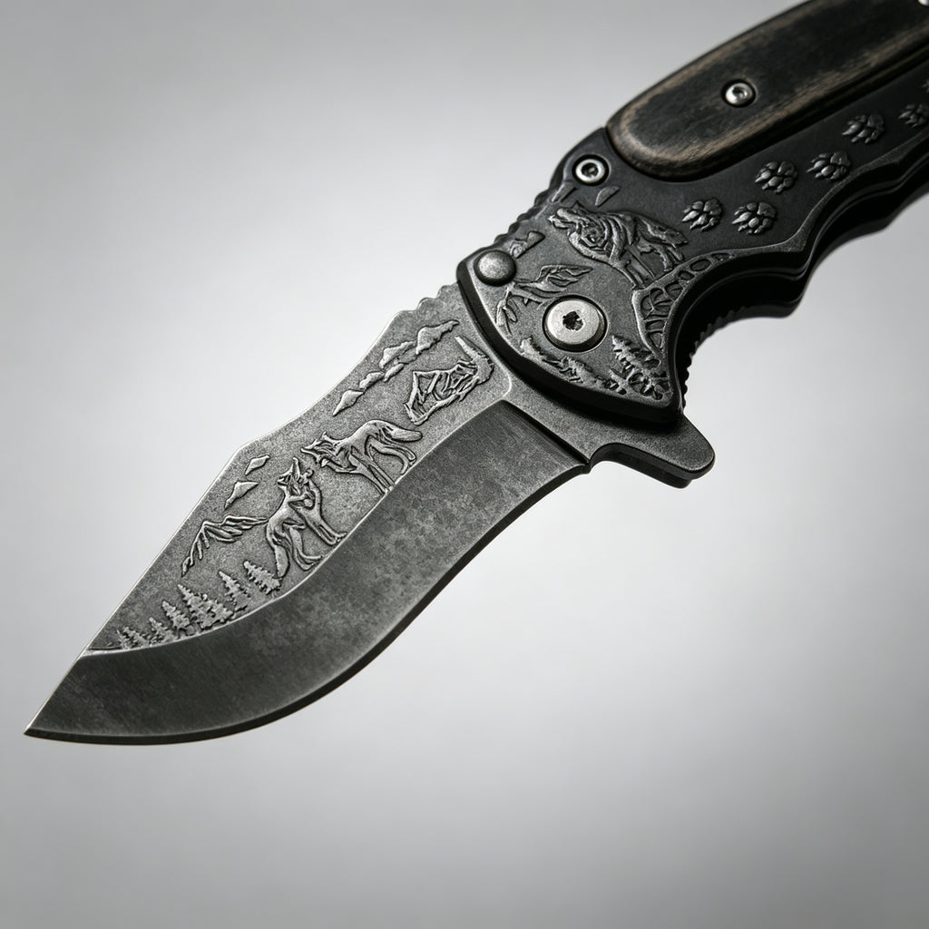 PH03 Folding Knife – Wolf Etch, Wood Inlay