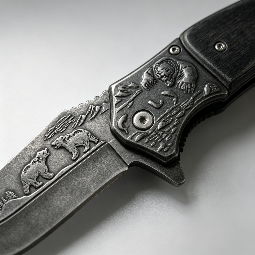 PH03-3 Folding Knife – Bear Etch, Wood Inlay