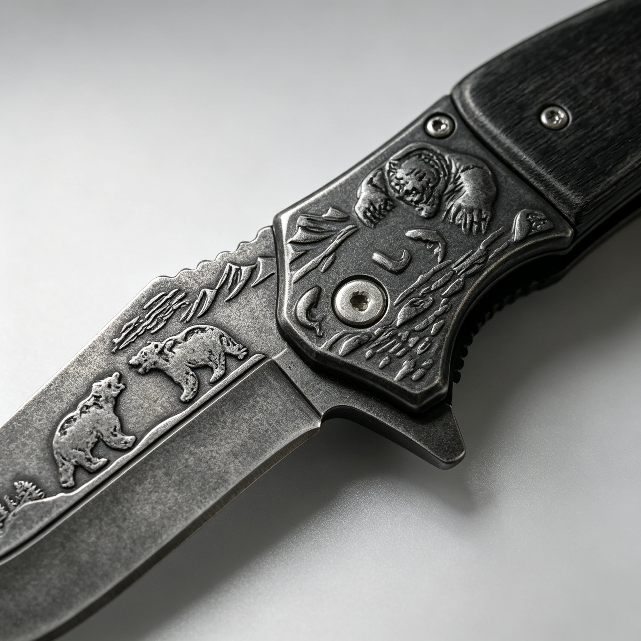 PH03-3 Folding Knife – Bear Etch, Wood Inlay