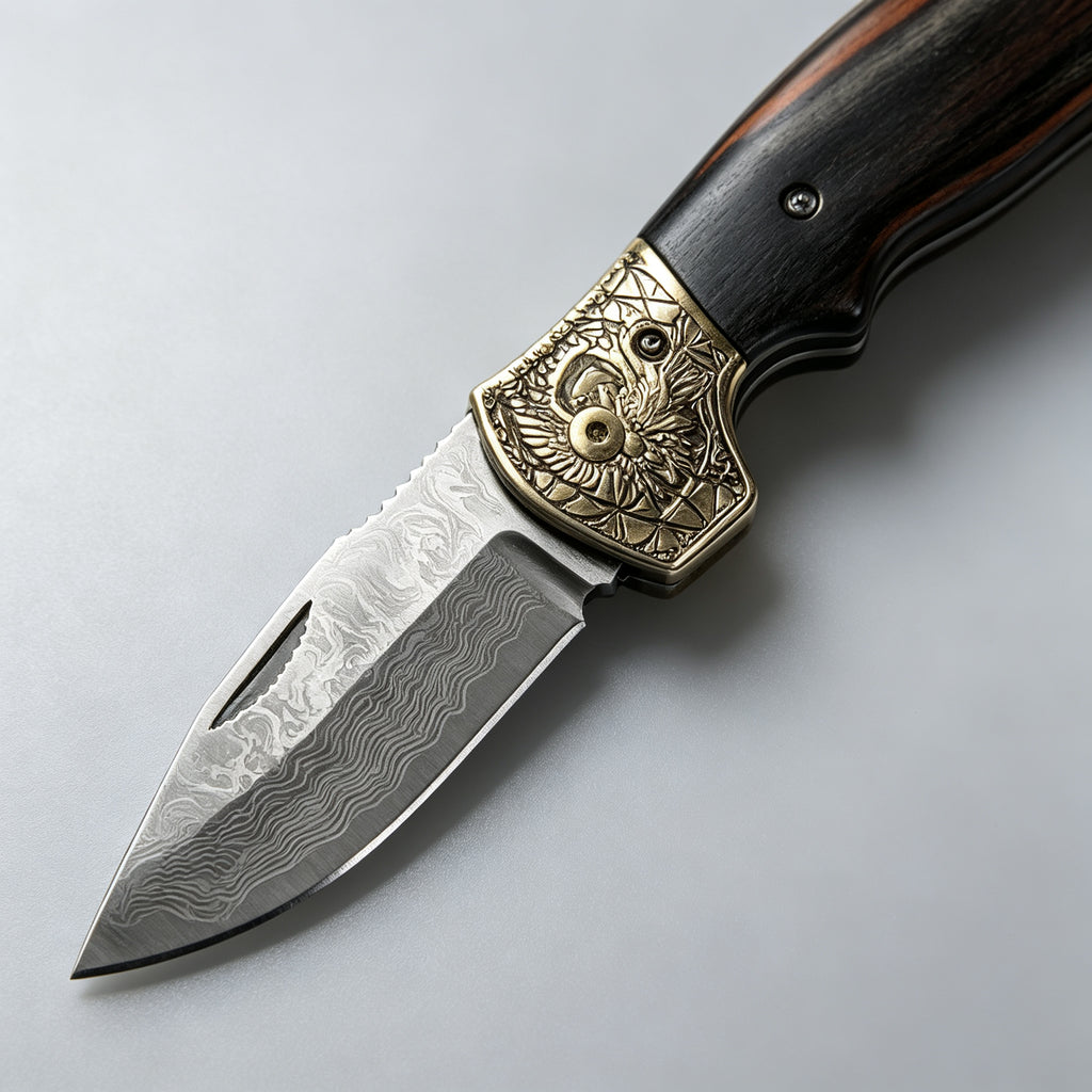 T-01 Folding Knife – Damascus, Wooden Handle