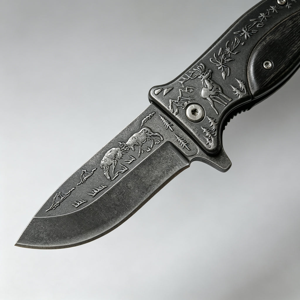 PH03-2 Folding Knife – Deer Etch, Wood Inlay